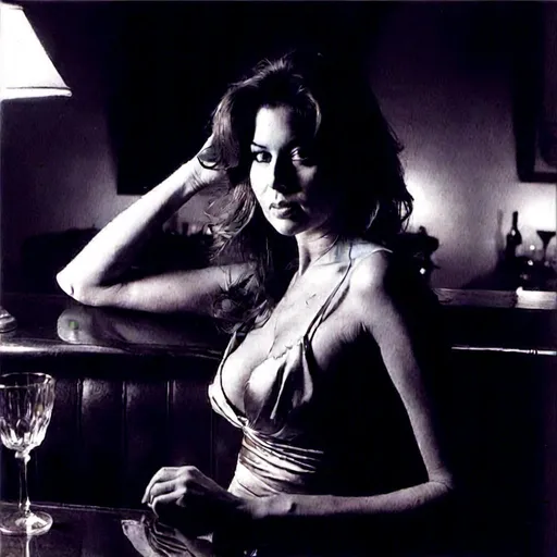 Prompt: <mymodel>lacking a shirt, Glamour photography of woman on a paris brothel bar at night in the style of Helmut Newton, small chested, sheer Clothing, bare, film noir style, men looking at her chest, facial detailed