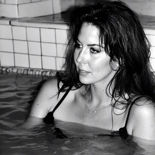 Prompt: <mymodel>playing in a pool, small chested in a small tight sheer bathing suit, wet hair, at night