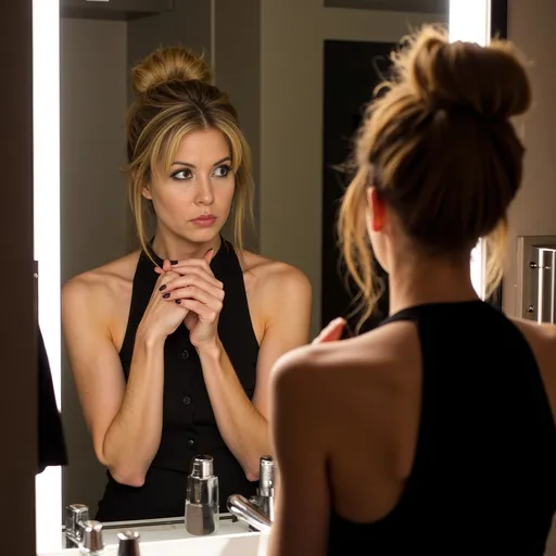 Prompt: <mymodel> doing makeup in the bathroom mirror in a modern hotel room, hair up in a bun, glamour photography style, Nothing left to the imagination