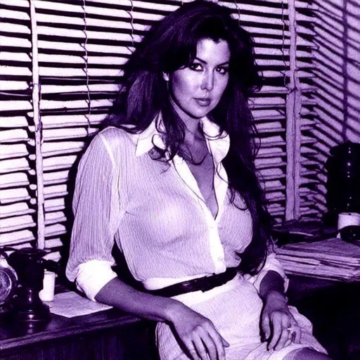 Prompt: <mymodel> sheer open blouse with chest exposed bare, long flowing hair, concerned look, pulp style, 50’s detective office, crime scene