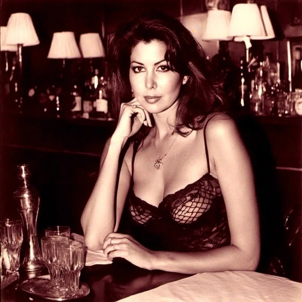 Prompt: <mymodel>Glamour photography of a woman at a Paris brothel bar, film noir style, small-chested, sheer clothing, bare, Helmut Newton style, men looking at her chest, detailed facial features, intense gaze,professional photography, highres, detailed, film noir, Parisian, Helmut Newton style, bar setting, small-chested, bare, intense gaze