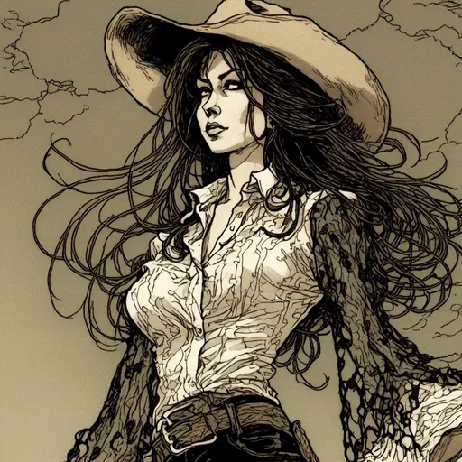 Prompt: <mymodel>Woman cowboy, landfields, detailed, dark colors, dramatic, graphic novel illustration,  2d shaded retro comic book, sheer lace blouse