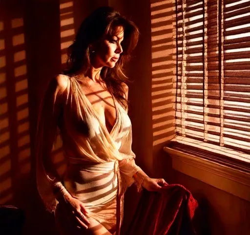 Prompt: <mymodel>in sheer outfit exposed, hotel room setting, intense lighting, dramatic shadows, high quality, photo-realistic, thriller, sheer fabric, hotel room, dramatic lighting, intense atmosphere, arreola under shirt
