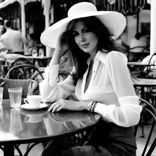 Prompt: <mymodel>sitting at a table at a French port side cafe, wearing a sheer clear blouse with the buttons undone and the blouse open exposing her chest, she is wearing sunglasses and a large hat, red lipstick, looking to the side, a glass of wine is on the table, vogue magazine style, high fashion style, cosmopolitan magazine style, dramatic, exhilarating for males, lace stockings