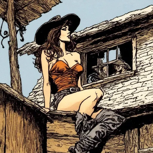 Prompt: <mymodel> Woman cowboy, landfields, chest exposed, detailed, dark colors, dramatic, graphic novel illustration,  2d shaded retro comic book, no blouse, protruding aureolas, outside of an old west town Brothel, small chest, blowing a kiss