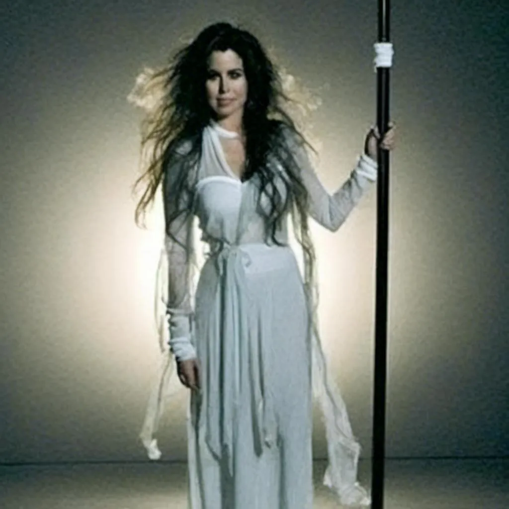 Prompt: <mymodel> wearing white see through top and kneeling on an elevated stage with a pole behind her, dark lighting with fluorescent lights, hands. Covering chest, long dark hair, not smiling