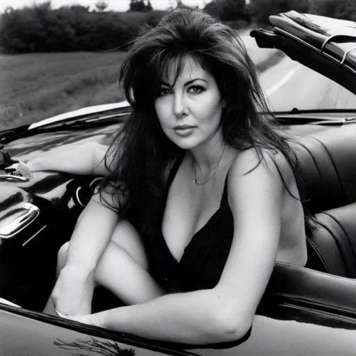 Prompt: <mymodel>wearing a bath suit with hands covering chest, her hair long and wavy, laying on the hood of a 2001 corvette red convertible with a black top, sweating