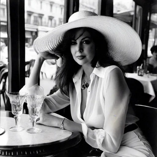 Prompt: <mymodel>sitting at a table at a French port side cafe, wearing a sheer clear blouse with the buttons undone and the blouse open exposing her chest, she is wearing sunglasses and a large hat, red lipstick, looking to the side, a glass of wine is on the table, vogue magazine style, high fashion style, cosmopolitan magazine style, dramatic, exhilarating for males, lace stockings