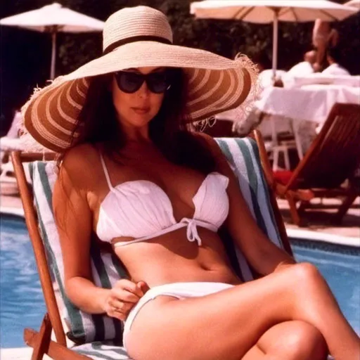 Prompt: <mymodel>laying poolside, small chested in a small tight sheer bathing suit in sunglasses and a big hat, tiki cocktail nearby 