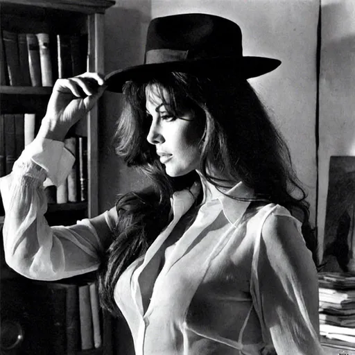 Prompt: <mymodel> sheer blouse ripped open with chest exposed bare, long flowing hair, concerned look, pulp style, 50’s detective office, crime scene, detective in hat reaching to cover her