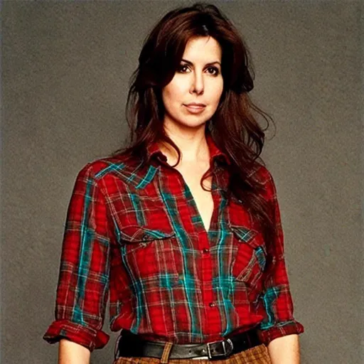 Prompt: <mymodel> brown eyes, auburn hair, long hair, standing, sheer see through button Down blouse, buttons undone, shirt open and exposed, red plaid skirt, looking away, small chest exposed, 3D, full body 