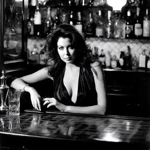 Prompt: <mymodel>Glamour photography of a woman at a Paris brothel bar, film noir style, small-chested, sheer clothing, bare, Helmut Newton style, men looking at her chest, detailed facial features, intense gaze,professional photography, highres, detailed, film noir, Parisian, Helmut Newton style, bar setting, small-chested, bare, intense gaze