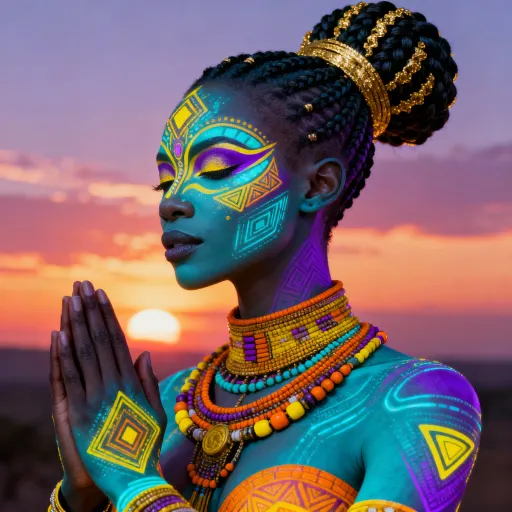 Prompt: African goddess with intricate tribal face paint, bioluminescent body art, ornate braided mohawk hairstyle with golden accents, wearing elaborate beaded collar necklaces, turquoise and purple skin tones, yellow and orange geometric patterns, graceful prayer pose, sunset sky background, hyperrealistic, afrofuturism, volumetric lighting, rim lighting --ar 3:4 --quality 2 --stylize 1000