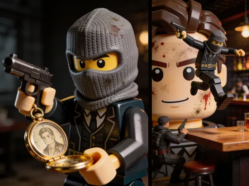 Prompt: A cinematic, dark, and gritty animation featuring Roblox-style characters. The scene starts with a masked character in a balaclava held at gunpoint in a dimly lit, moody room. He looks at a gold pocket watch with a portrait inside. Suddenly, he performs a swift, stylized action move, jumping over a wooden table to take down enemies. High-quality lighting, dramatic shadows, slow-motion transitions, and a serious, mature tone. 4k, hyper-detailed textures."

Seçenek 2: Başlangıç Sahnesi İçin (Dramatik Odaklı)
"Close-up of a Roblox character wearing a grey balaclava, a revolver held to his head. The atmosphere is intense and cinematic. He slowly opens a vintage gold pocket watch, revealing a sentimental photo. Soft bokeh background, dramatic rim lighting, and detailed plastic textures."

Seçenek 3: Aksiyon ve Final Sahnesi İçin
"Roblox character performing an acrobatic combat move, leaping over a table in a dark bar-like setting. The motion is fluid and cinematic. The video ends with a close-up of the character's face, covered in dirt and blood splatters, showing a slight, confident smirk directly at the camera. Gritty aesthetic, movie-like color grading."