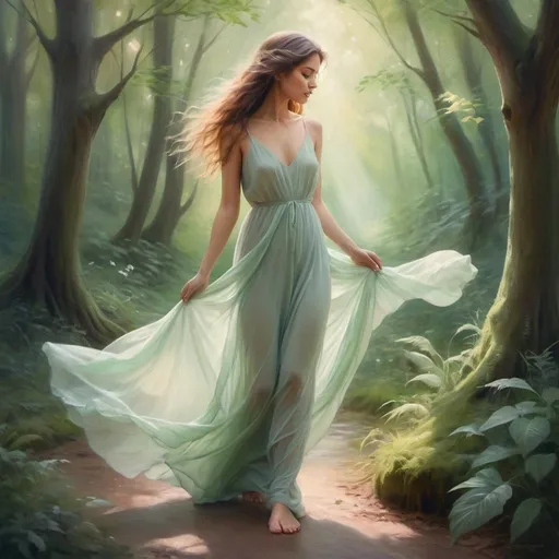 Prompt: Barefoot woman in a dreamy, ethereal forest, flowing gown, soft and peaceful atmosphere, high quality, oil painting, fantasy, pastel tones, soft lighting, detailed hair and serene expression, nature-inspired, tranquil, mystical, elegant, scenic, gentle breeze, vibrant greenery, romantic, serene beauty