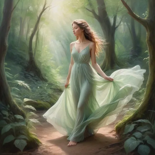 Prompt: Barefoot woman in a dreamy, ethereal forest, flowing gown, soft and peaceful atmosphere, high quality, oil painting, fantasy, pastel tones, soft lighting, detailed hair and serene expression, nature-inspired, tranquil, mystical, elegant, scenic, gentle breeze, vibrant greenery, romantic, serene beauty
