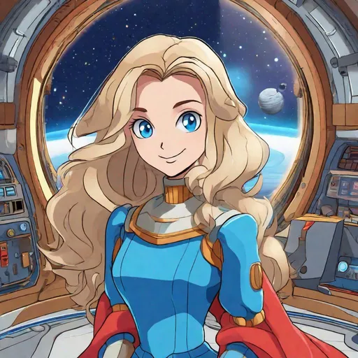 Prompt: Maria Robotnik staring at the space inside a spaceship (medium wavy hair, blue dress, blue eyes, smiling)