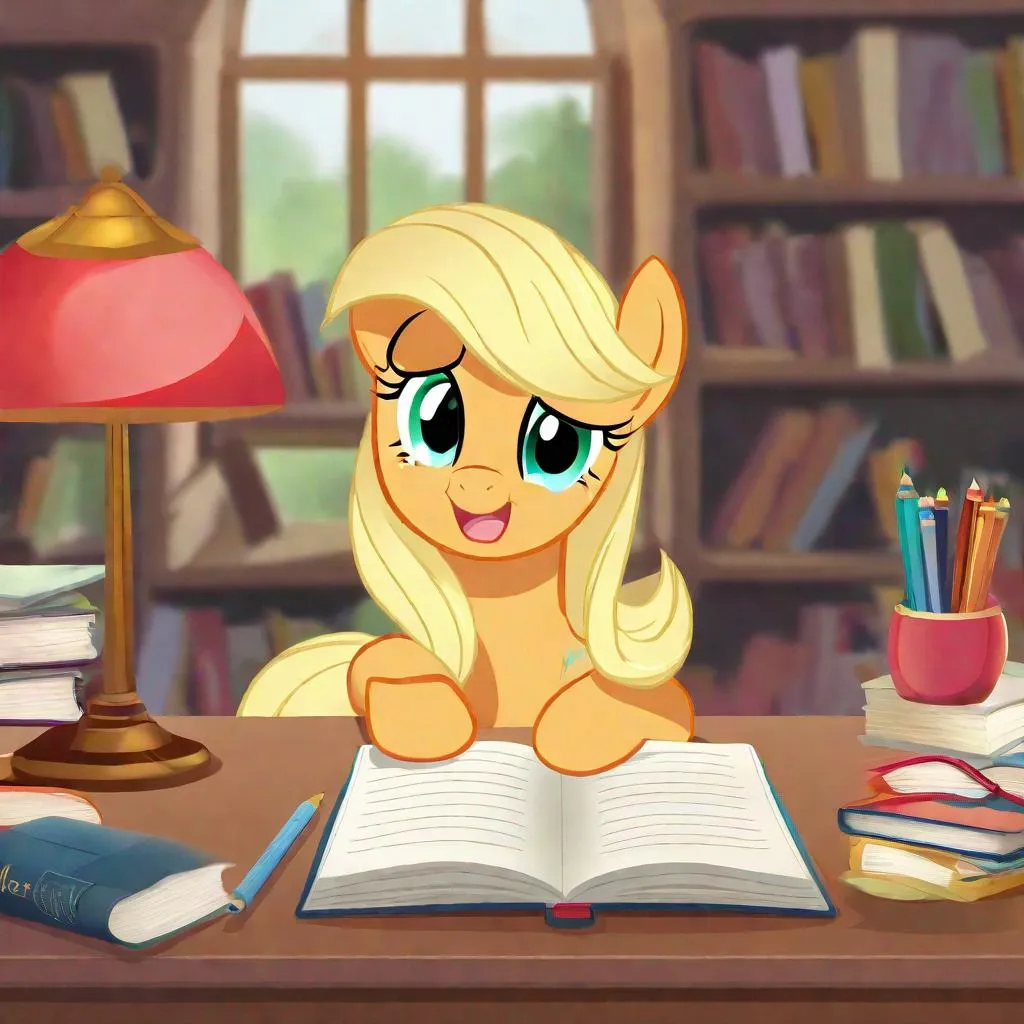 Prompt: Applejack studying at her desk, very exhausted