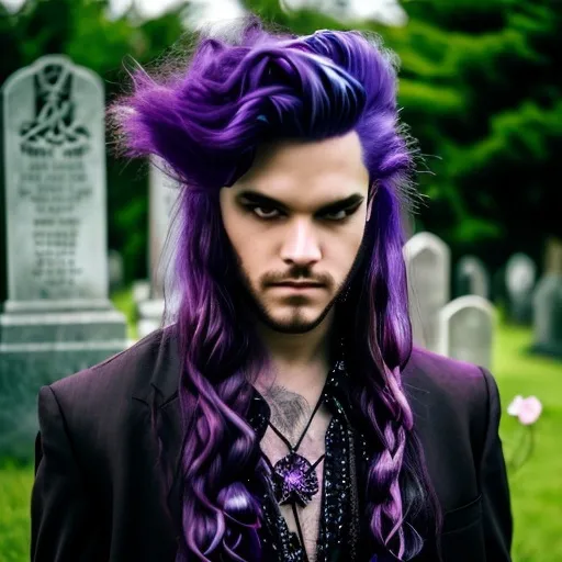 Prompt: A graveyard with a guy (long spiky purple/violet hair, shadowed eyes, neutral expression) holding flowers and staring at it.