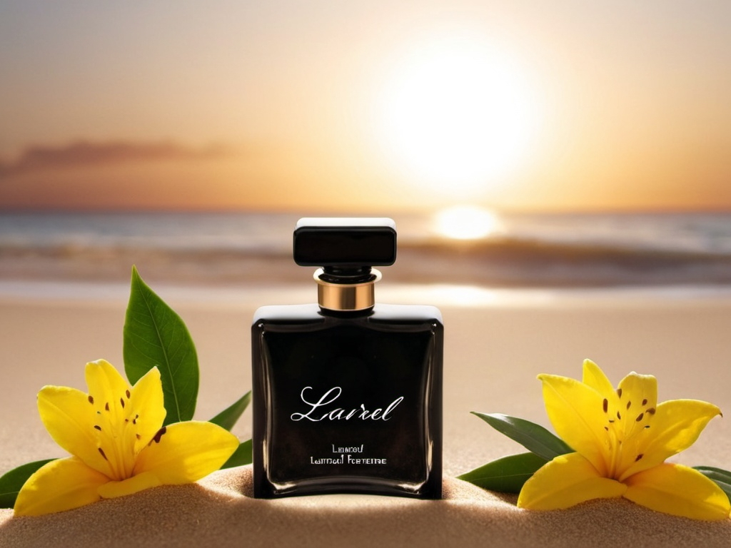 Prompt: High quality photo, make it photo realistic, Perfume bottle on sand with same writing on it.(Laurel Perfume)