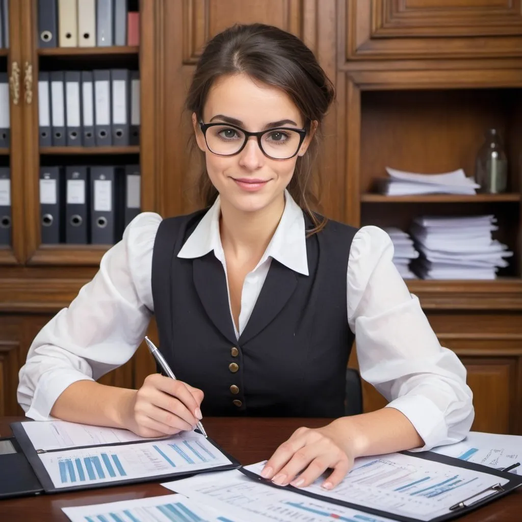 Prompt: A cute French bank accountant preparing annual financial reports