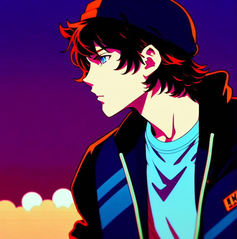 Prompt: lofi , 8k, 90s anime, Very detailed, panned out view with whole character, male character with dark icy blue eyes, brown hair with bangs, hot, portrait, cool, menacing, v-cut, muscular figure, high cheekbones, dive bar background, perfect, denim jacket, bruised lip, bloody nose, white beanie, smirking, wearing beanie, smiling, cute