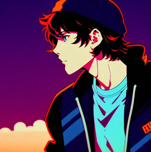 Prompt: lofi , 8k, 90s anime, Very detailed, panned out view with whole character, male character with dark icy blue eyes, brown hair with bangs, hot, portrait, cool, menacing, v-cut, muscular figure, high cheekbones, dive bar background, perfect, denim jacket, bruised lip, bloody nose, white beanie, smirking, wearing beanie, smiling, cute