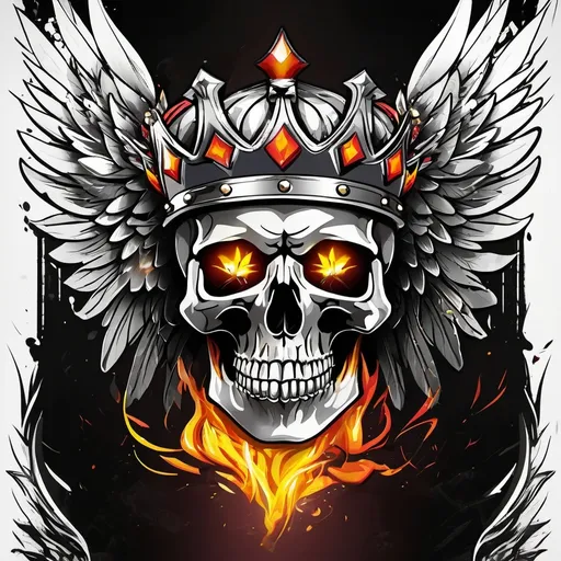 Prompt: An anime style flaming skull wearing a crown with white wings behind it and the words BARON AGENCY written in the middle.