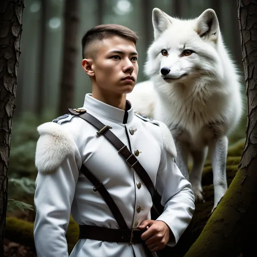 Prompt: Strong Cadet man standing in hidden forest, brave , with white fox 