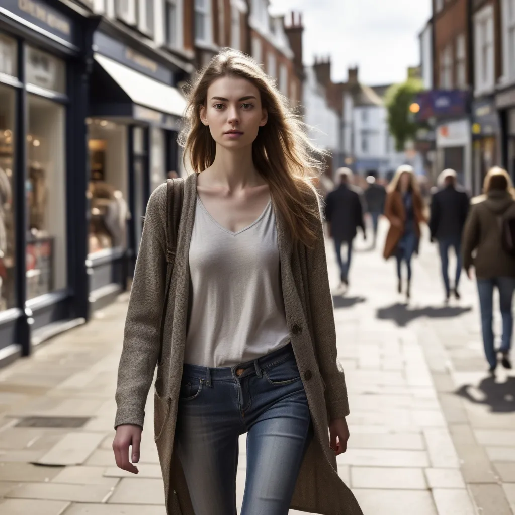Prompt: Tall young woman walking down the high street, detailed clothing, realistic, natural lighting