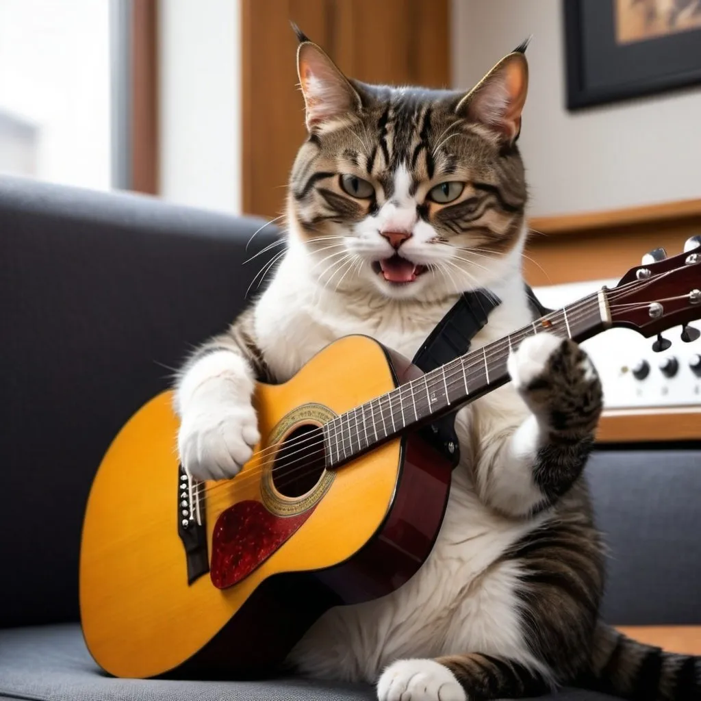 Prompt: A realistic photo of an irritated cat playing a guitar