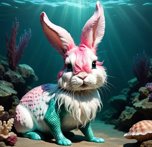 Prompt: A realistic photo of a mermaid bunny