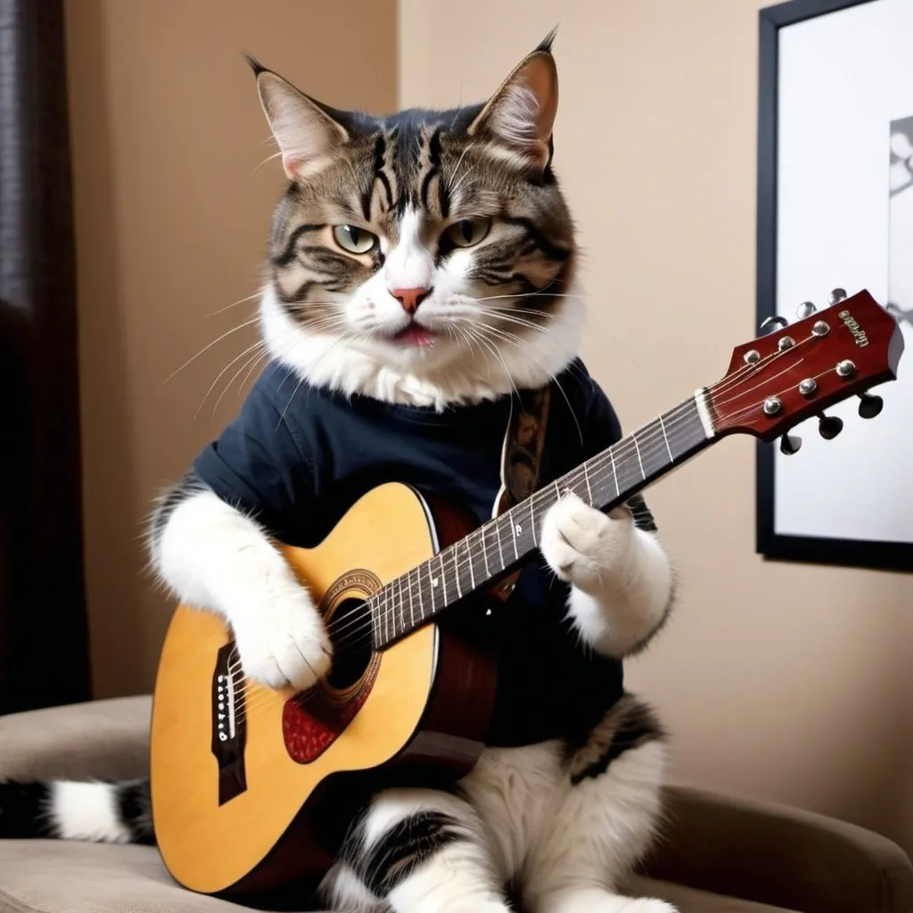 Prompt: A realistic photo of an irritated cat playing a guitar