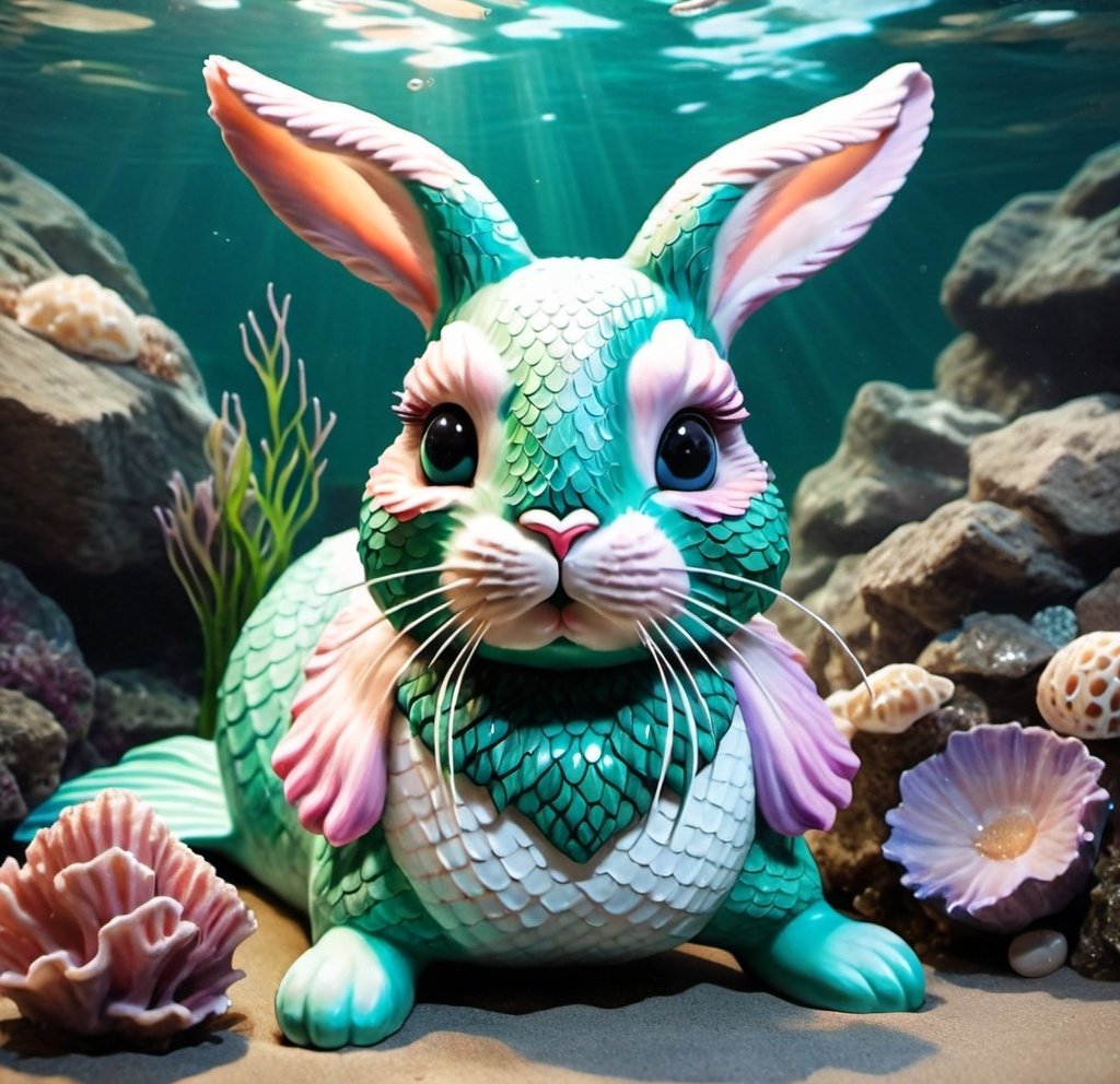 Prompt: A realistic photo of a mermaid bunny