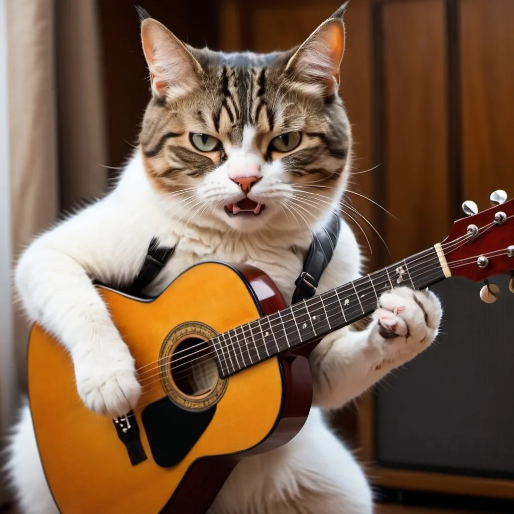 Prompt: A realistic photo of an irritated cat playing a guitar