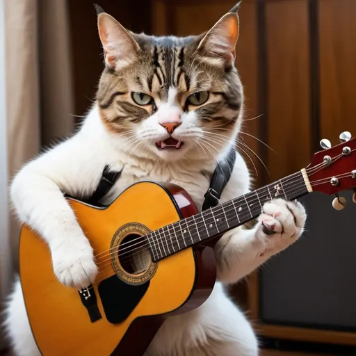 Prompt: A realistic photo of an irritated cat playing a guitar