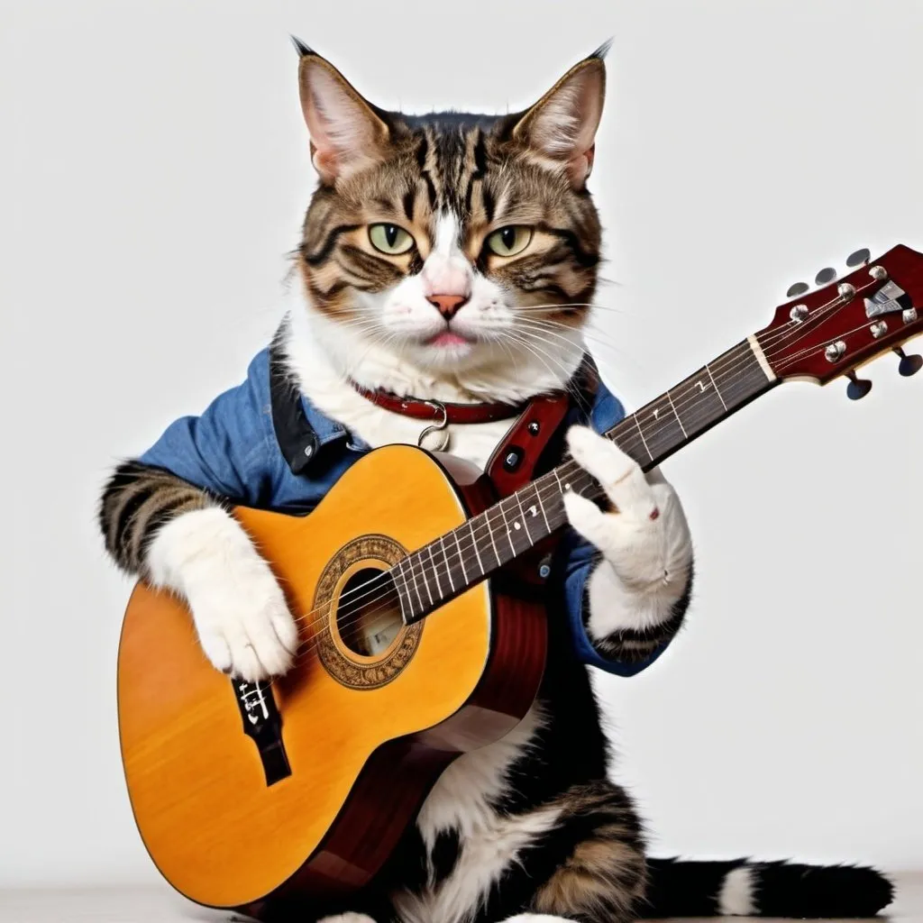 Prompt: A realistic photo of an irritated cat playing a guitar