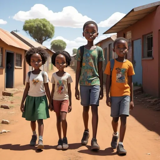 Prompt: Prompt 1: The children of Mzansie, Tristan 27 year old son, Naledi and Karabo 10 year old twins girls, Reahile 15 and Aliou 16 son siblings going back to the apartheid time, set in a vibrant and bustling township in South Africa, depicted in a colorful and lively Pixar 3D style.

Prompt 2: The children of Mzansie, Tristan 27 year old son, Naledi and Karabo 10 year old twins girls, Reahile 15 and Aliou 16 son siblings going back to the apartheid time, situated in a dusty soccer field surrounded by humble homes and vibrant street art, created in a whimsical Pixar 3D animation style.

Prompt 3: The children of Mzansie, Tristan 27 year old son, Naledi and Karabo 10 year old twins girls, Reahile 15 and Aliou 16 son siblings going back to the apartheid time, placed in a crowded market filled with diverse food stalls and colorful fabrics, designed in a charming Pixar 3D aesthetic.

Prompt 4: The children of Mzansie, Tristan 27 year old son, Naledi and Karabo 10 year old twins girls, Reahile 15 and Aliou 16 son siblings going back to the apartheid time, located in a historic school building with aged architecture and vibrant murals, envisioned in a whimsical Pixar 3D style.