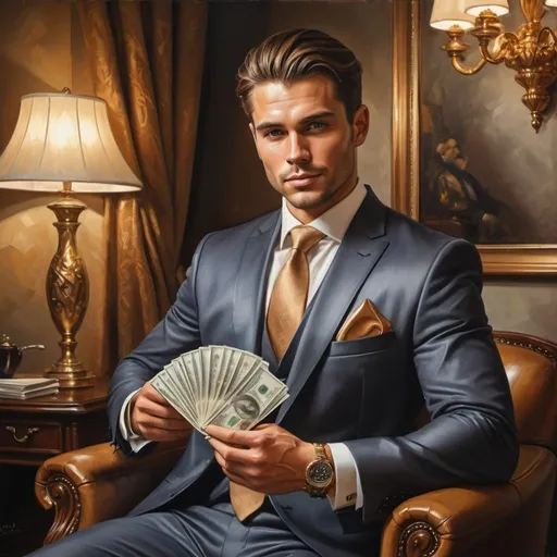 Prompt: Handsome man with money in hand, oil painting, luxurious suit and accessories, confident posture, high quality, realistic, wealthy lifestyle, warm tones, dramatic lighting, money details, detailed features, professional artwork, elegant composition