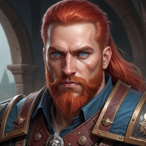 Prompt: warhammer rogue trader, d & d, fantasy, portrait, highly detailed, headshot, digital painting, trending on artstation, concept art, sharp focus, illustration, art by artgerm and greg rutkowski and magali villeneuve red hair red beard blue eyes tall soldier