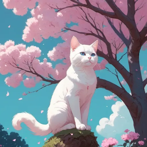 Prompt: a girl holding a white cat in front of a tree with pink flowers on it's branches and a blue sky, Atey Ghailan, furry art, anime art, an anime drawing