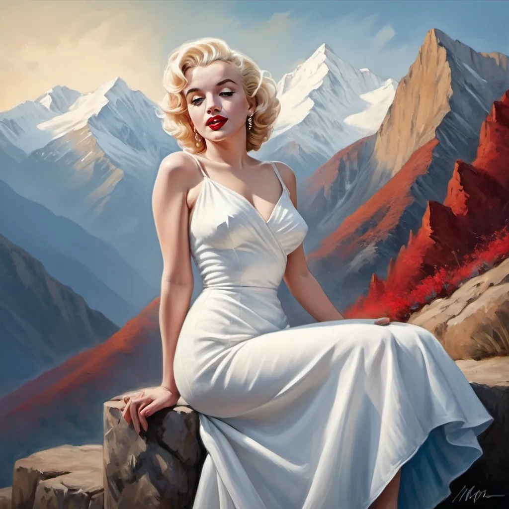 Prompt: a painting of marilyn monroe in a white dress with a red lipstick on her lips and a mountain in the background, Edwin Georgi, figurative art, highly detailed digital painting, a fine art painting