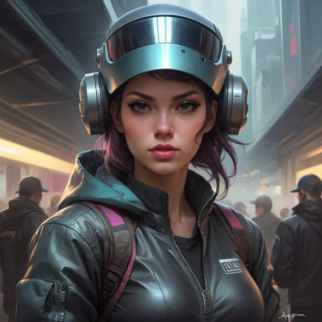 Prompt: a woman with a helmet on her head and a jacket on her shoulders and a jacket on her head, Artgerm, computer art, stanley artgerm lau, cyberpunk art