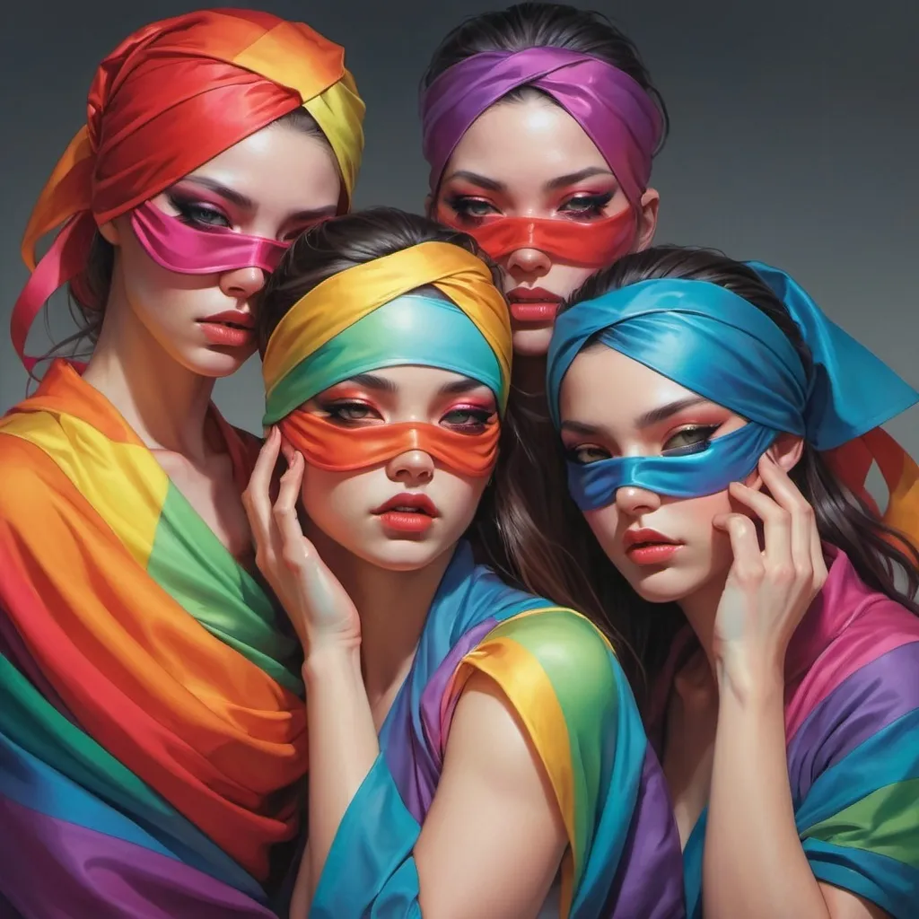 Prompt: three women with blindfolds on their faces and hands around their heads, all wrapped in rainbow fabric, Artgerm, fantasy art, stanley artgerm lau, cyberpunk art