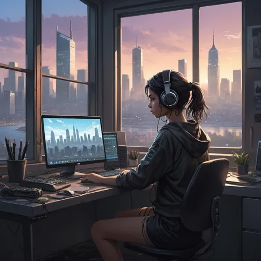 Prompt: a girl is sitting at a desk with a laptop and headphones on, in front of a window with a city skyline, Aya Goda, computer art, city background, cyberpunk art