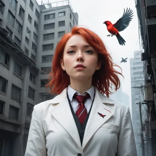 Prompt: a woman with red hair and a white coat and tie standing in front of a building with a red bird flying overhead, Aleksi Briclot, neo-romanticism, yukito kishiro, a character portrait