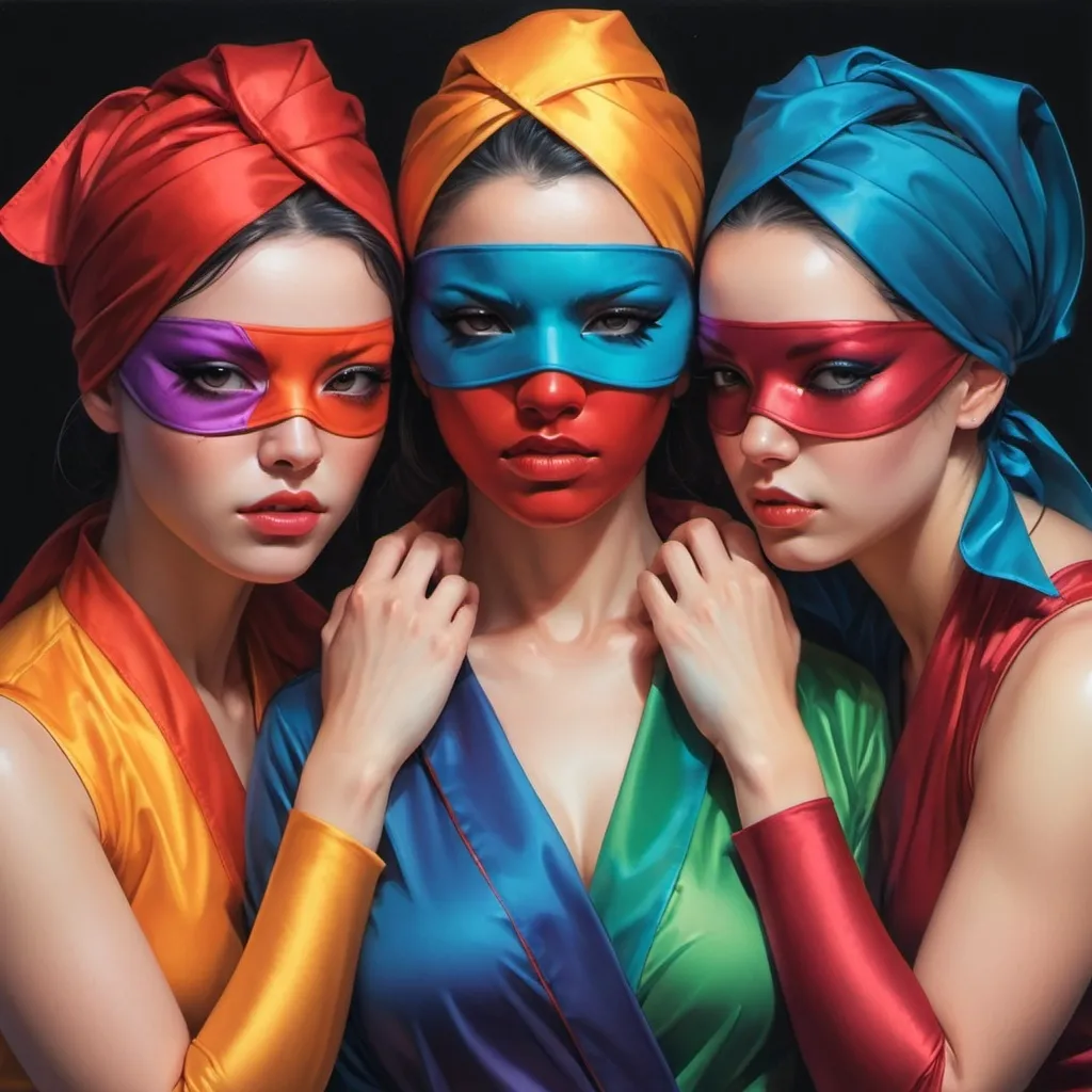 Prompt: three women with blindfolds on their faces and hands around their heads, all wrapped in pride colors fabric, Artgerm, fantasy art, stanley artgerm lau, cyberpunk art