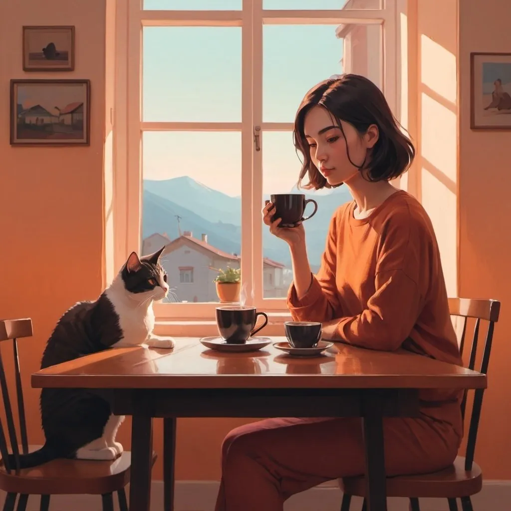 Prompt: a woman sitting at a table with a cup of coffee in her hand and a cat nearby on the table, Atey Ghailan, aestheticism, warm colors, a character portrait