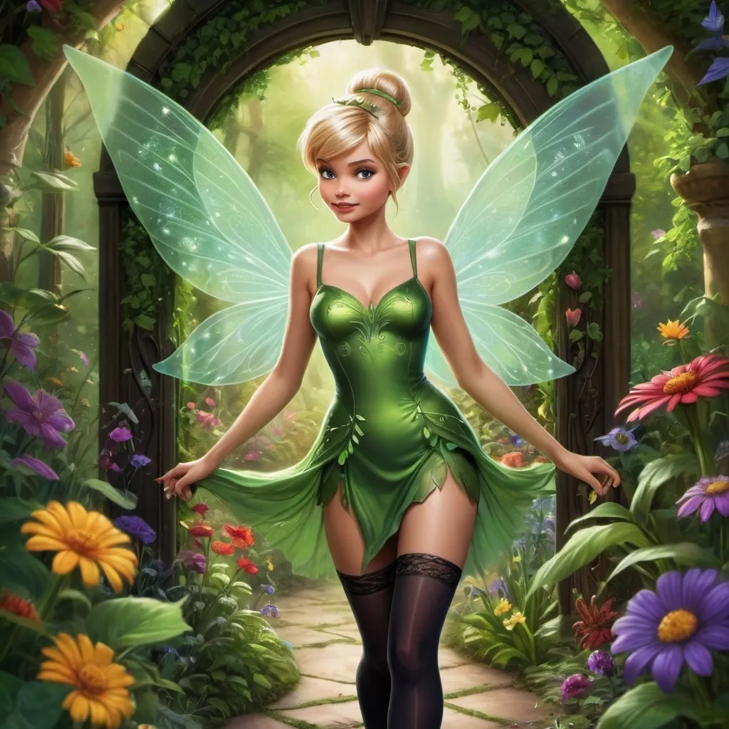 Prompt: Tinker Bell with a green dress, black stockings and wings walking through a garden of flowers and plants in front of a doorway, Anne Stokes, fantasy art, fantasy style, a digital rendering