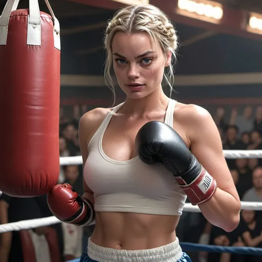 Prompt: Margot Robbie with braided hair in a boxing ring with boxing gloves on her chest and a punching bag in Artgerm, photorealism, stanley artgerm lau, concept art